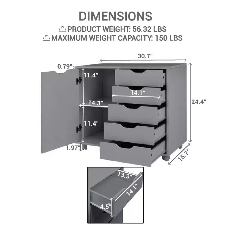 5-Drawer Office File Storage Cabinet with Shelves & Mobile Drawers