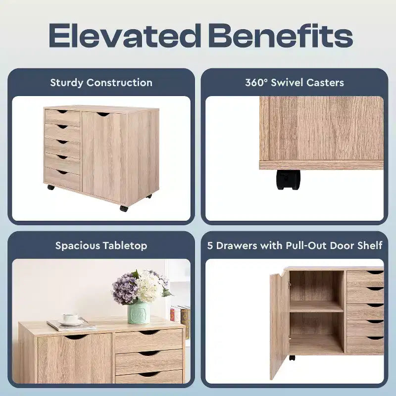 5-Drawer Office File Storage Cabinet with Shelves & Mobile Drawers