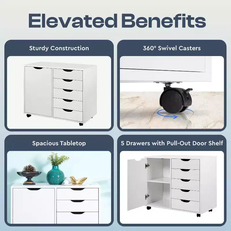 5-Drawer Office File Storage Cabinet with Shelves & Mobile Drawers