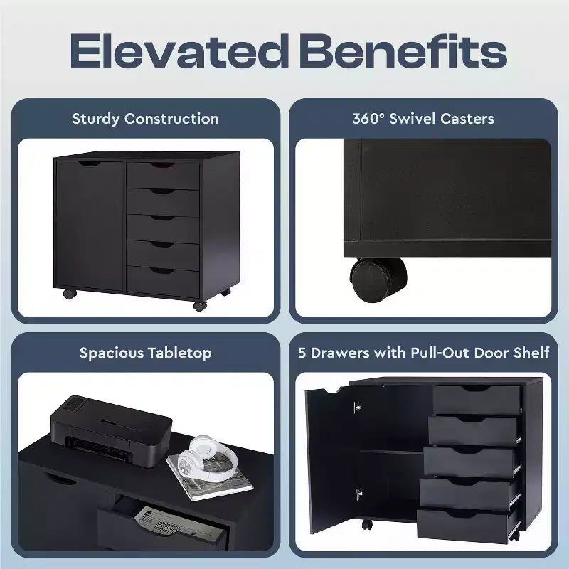 5-Drawer Office File Storage Cabinet with Shelves & Mobile Drawers