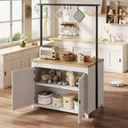 Îlot de cuisine de 42 po avec rangement, Chariot de cuisine mobile avec comptoir en bois, étagères et crochets