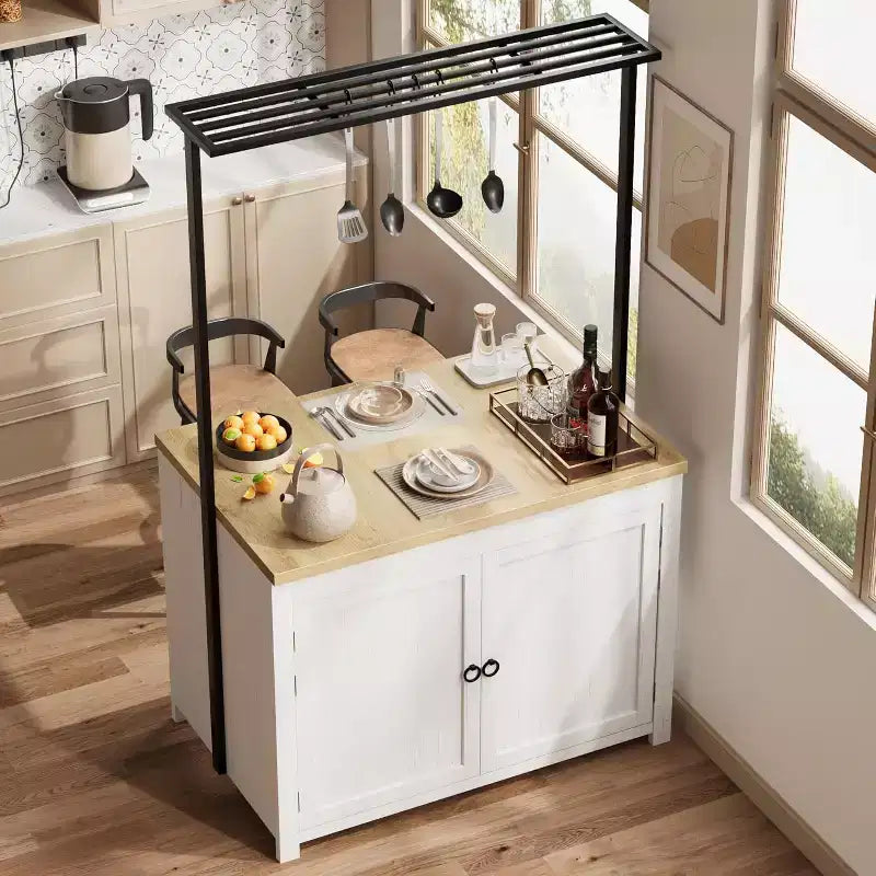 42" Kitchen Island with Storage, Mobile Kitchen Cart with Wood Countertop, Shelves & Hooks