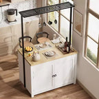 Îlot de cuisine de 42 po avec rangement, Chariot de cuisine mobile avec comptoir en bois, étagères et crochets