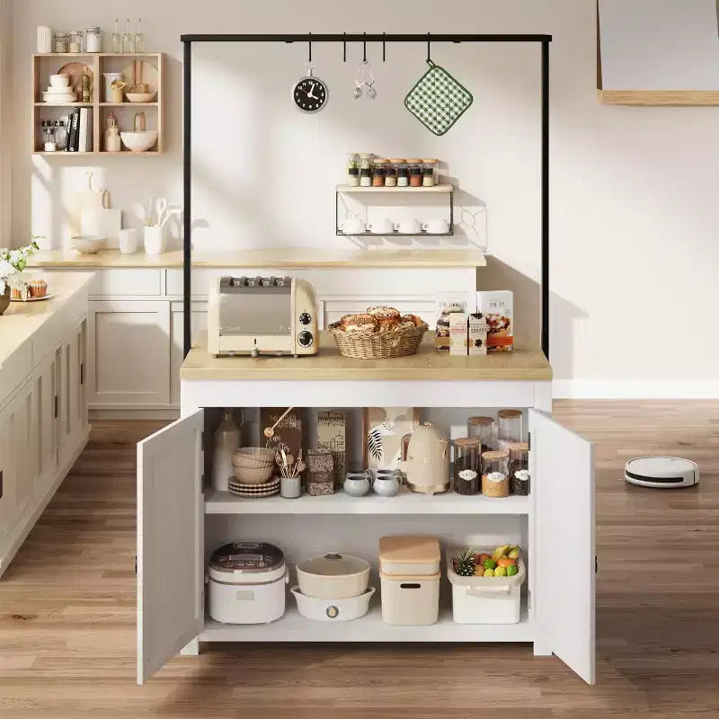 42" Kitchen Island with Storage, Mobile Kitchen Cart with Wood Countertop, Shelves & Hooks