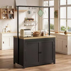 COZONY 42 Black & Natural Kitchen Island with Storage  Mobile Kitchen Cart with Wood Countertop, Shelves & Hooks