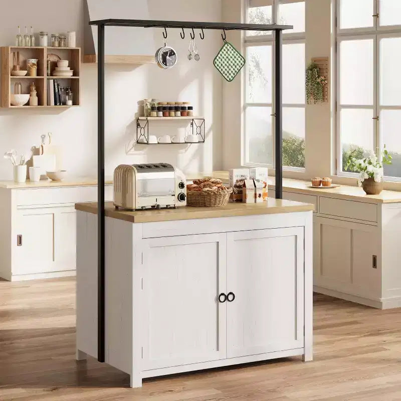 42" Kitchen Island with Storage, Mobile Kitchen Cart with Wood Countertop, Shelves & Hooks