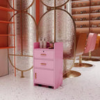 Meuble de rangement moderne pour salon de beauté avec 3 supports pour sèche-cheveux, 2 tiroirs, 1 porte et roulettes