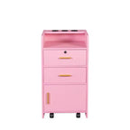 Meuble de rangement moderne pour salon de beauté avec 3 supports pour sèche-cheveux, 2 tiroirs, 1 porte et roulettes