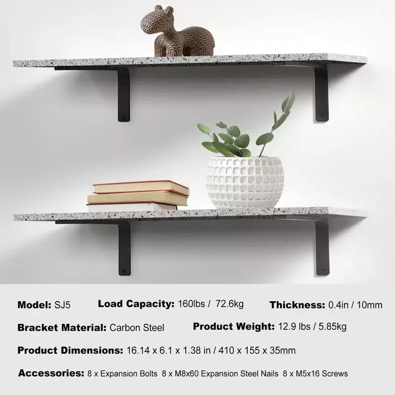 Shelf Bracket, 16 x 6 in 4 Pcs, Heavy Duty Floating Shelf Brackets, Brackets for Shelves, 10mm Thick Matte Black L Shelf Bracket,Black