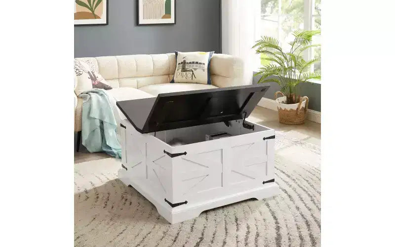 Farmhouse Square Coffee Table with Storage, 31" Dual Flip-Top Lids, White