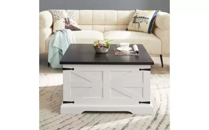 Farmhouse Square Coffee Table with Storage, 31" Dual Flip-Top Lids, White