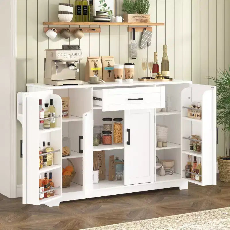 54" Sideboard Buffet Cabinet, 4-Door Kitchen Storage with Drawer, Adjustable Shelves & Side Racks