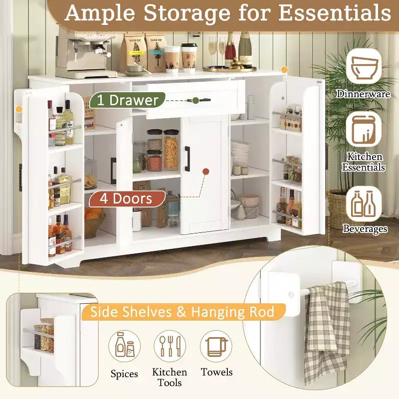 54" Sideboard Buffet Cabinet, 4-Door Kitchen Storage with Drawer, Adjustable Shelves & Side Racks