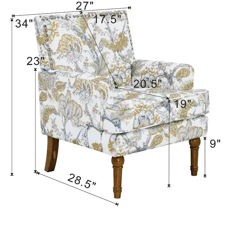 Contemporary Floral Upholstered Wood Accent Chair with Nailhead Trim