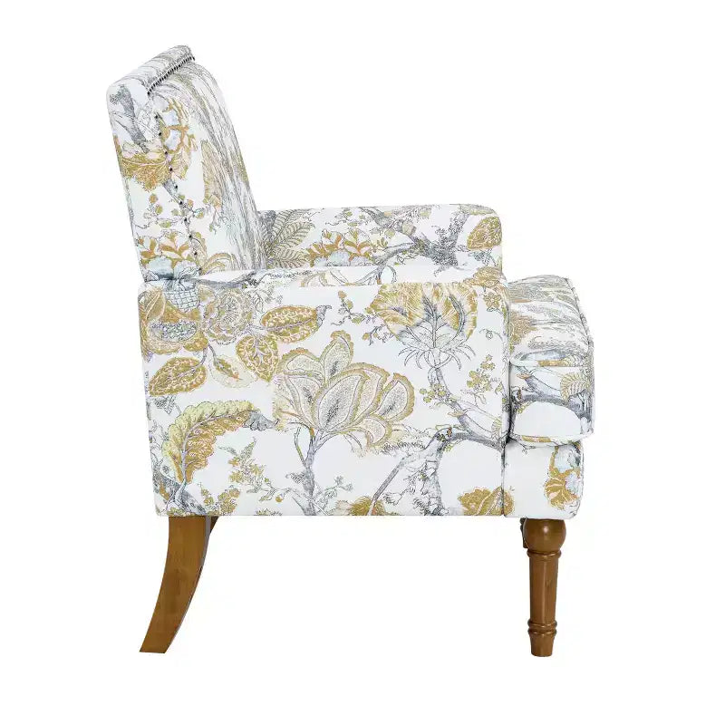 Contemporary Floral Upholstered Wood Accent Chair with Nailhead Trim