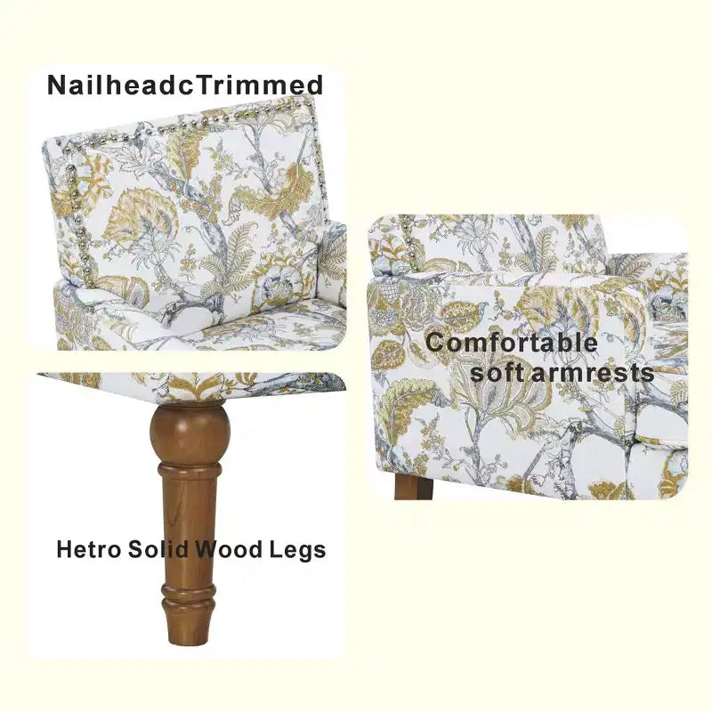 Contemporary Floral Upholstered Wood Accent Chair with Nailhead Trim
