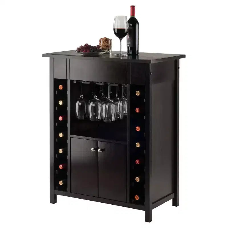 Wine Cabinet Espresso - Hardwood, 14-Bottle Rack, Stemware Holder