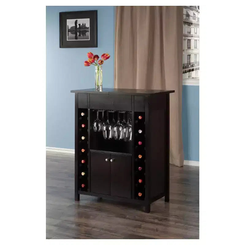 Wine Cabinet Espresso - Hardwood, 14-Bottle Rack, Stemware Holder