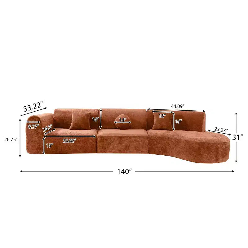 140" Modern 5-Seater Curved Sectional Sofa, Compressed Sponge, Orange