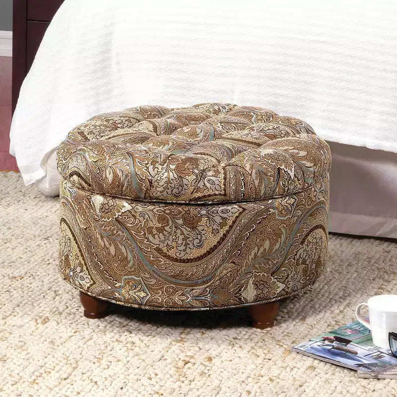 Square Storage Ottoman with Lift-Top Lid, Button Tufted Upholstered Footrest & Extra Seat, Brown Paisley