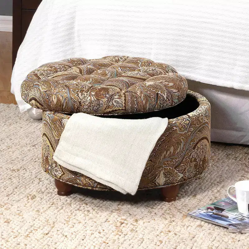 Square Storage Ottoman with Lift-Top Lid, Button Tufted Upholstered Footrest & Extra Seat, Brown Paisley