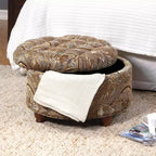 Pouffe de rangement carré avec couvercle relevable, repose-pieds rembourré capitonné et siège d'appoint, motif cachemire marron