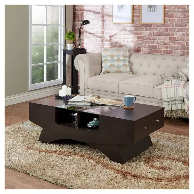 Multi-storage Coffee Table Walnut: Modern Cocktail Table with Tempered Glass Top
