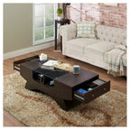 Table basse multi-rangements Noyer : Table de cocktail moderne avec plateau en verre trempé