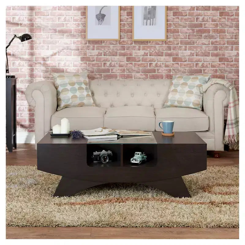 Multi-storage Coffee Table Walnut: Modern Cocktail Table with Tempered Glass Top