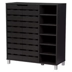 Meuble à chaussures moderne à 2 portes avec étagères ouvertes, finition espresso marron foncé, cadre métallique, 10 compartiments
