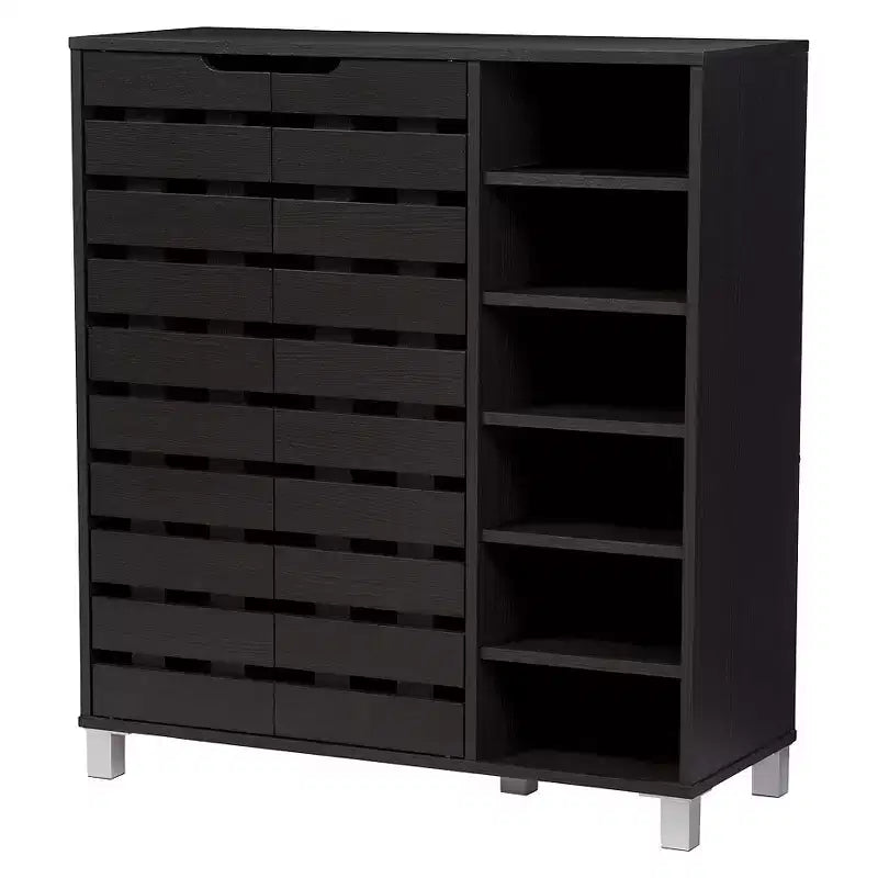 Modern 2-Door Shoe Cabinet with Open Shelves, Dark Brown Espresso Finish, Metal Frame, 10 Compartments