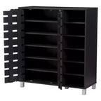 Meuble à chaussures moderne à 2 portes avec étagères ouvertes, finition espresso marron foncé, cadre métallique, 10 compartiments