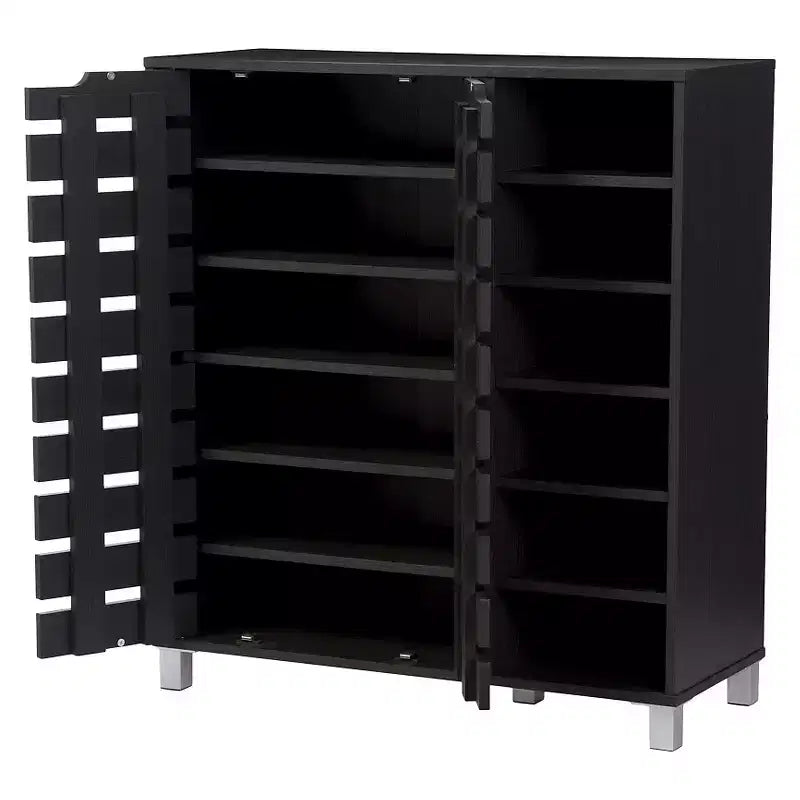 Modern 2-Door Shoe Cabinet with Open Shelves, Dark Brown Espresso Finish, Metal Frame, 10 Compartments