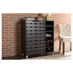 Meuble à chaussures moderne à 2 portes avec étagères ouvertes, finition espresso marron foncé, cadre métallique, 10 compartiments