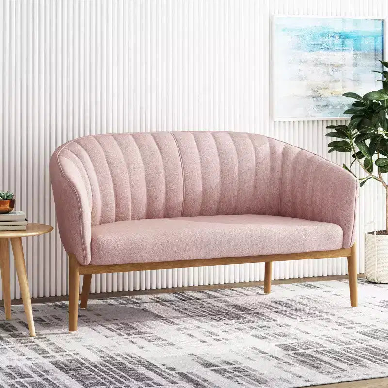 Mid-Century Modern Loveseat, Channel Stitch Upholstered Sofa with Curved Back & Rubberwood Legs, Seats 2