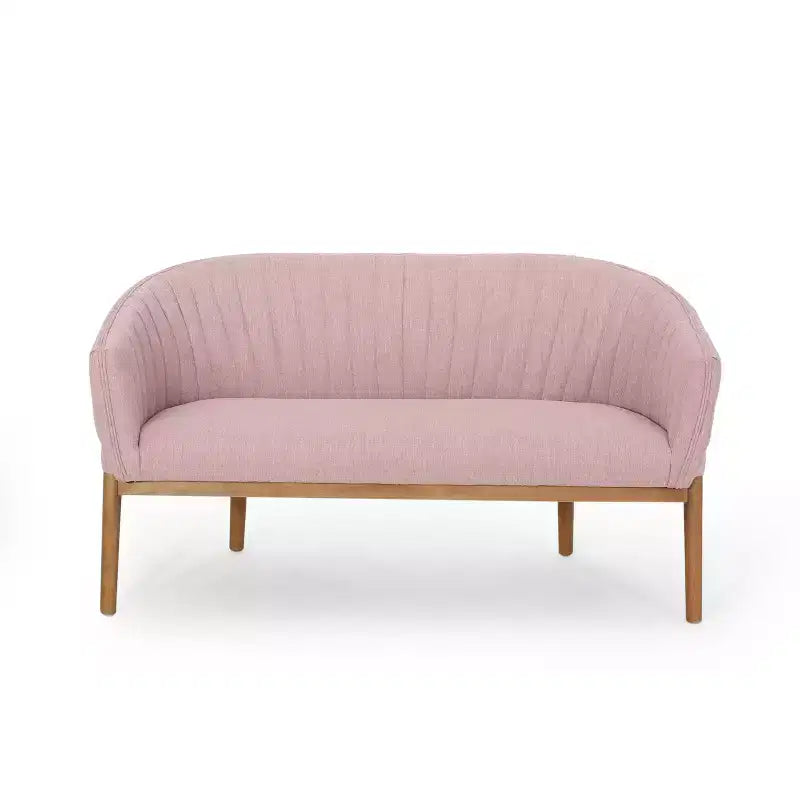 Mid-Century Modern Loveseat, Channel Stitch Upholstered Sofa with Curved Back & Rubberwood Legs, Seats 2