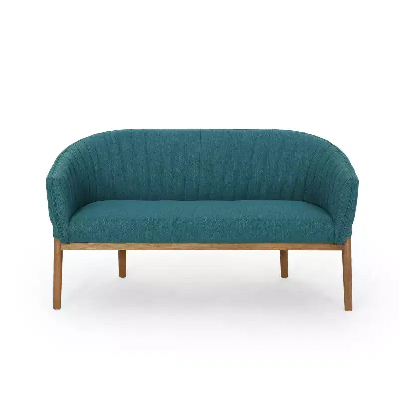 Mid-Century Modern Loveseat, Channel Stitch Upholstered Sofa with Curved Back & Rubberwood Legs, Seats 2