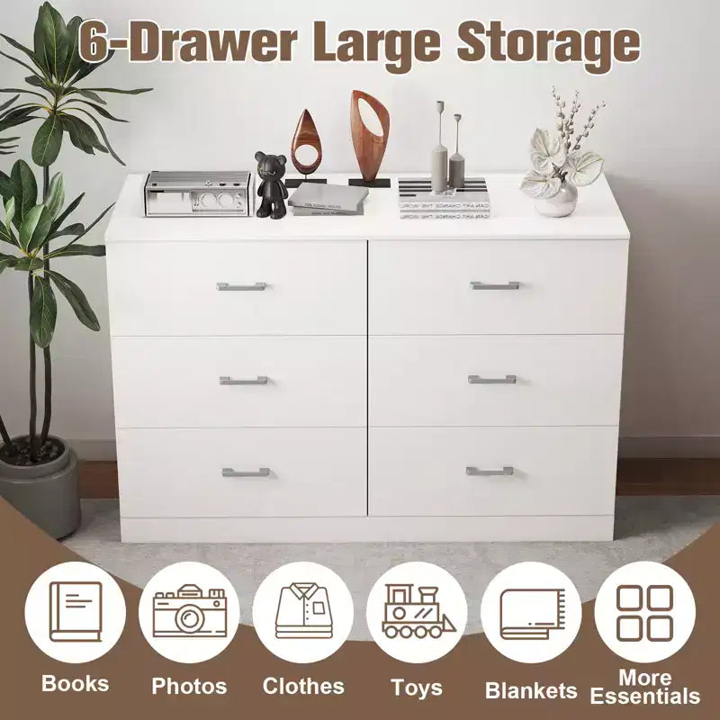 6-Drawer Dresser for Bedroom, Modern Chest of Drawers with Metal Handles, White