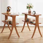 Table d'appoint haute et étroite avec étagère à 2 niveaux et pieds en bois massif, Noyer