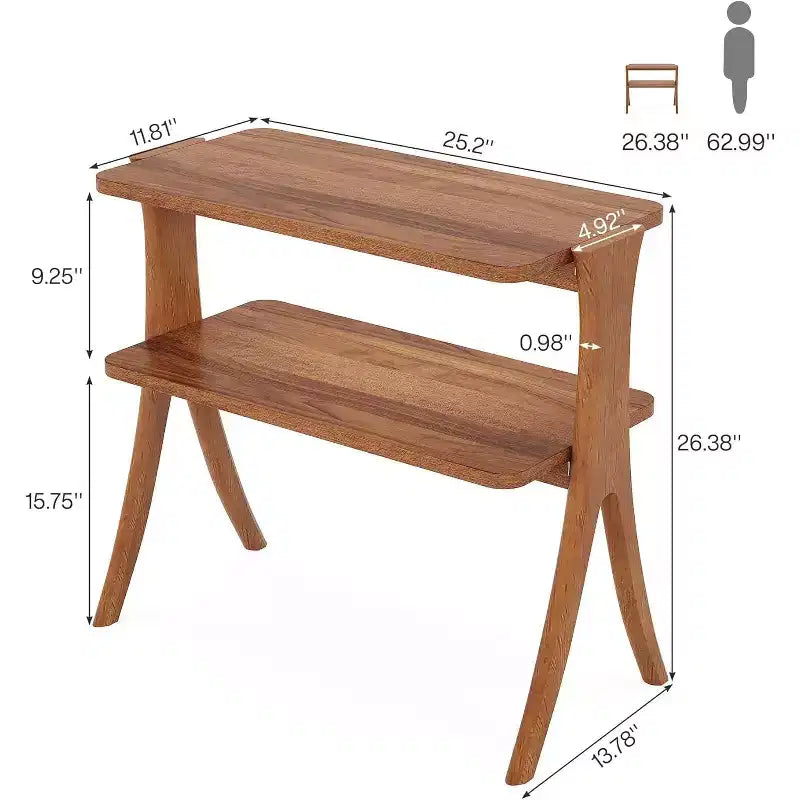 Tall Narrow End Table with 2-Tier Storage Shelf and Solid Wood Legs, Walnut