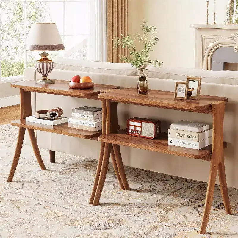 Tall Narrow End Table with 2-Tier Storage Shelf and Solid Wood Legs, Walnut