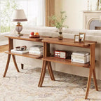 Table d'appoint haute et étroite avec étagère à 2 niveaux et pieds en bois massif, Noyer