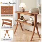 Table d'appoint haute et étroite avec étagère à 2 niveaux et pieds en bois massif, Noyer