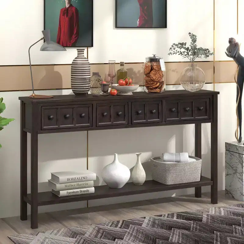 Rustic Entryway Console Table with 4 Drawers and Bottom Shelf, 60"W, Pine & MDF