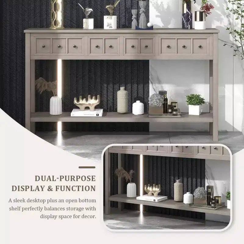 Rustic Entryway Console Table with 4 Drawers and Bottom Shelf, 60"W, Pine & MDF