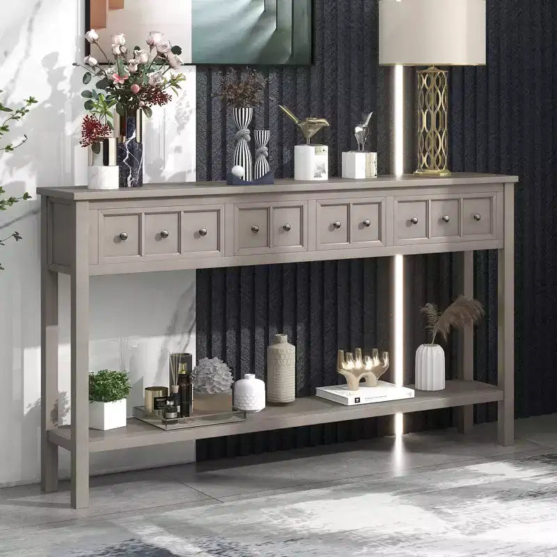 Rustic Entryway Console Table with 4 Drawers and Bottom Shelf, 60"W, Pine & MDF