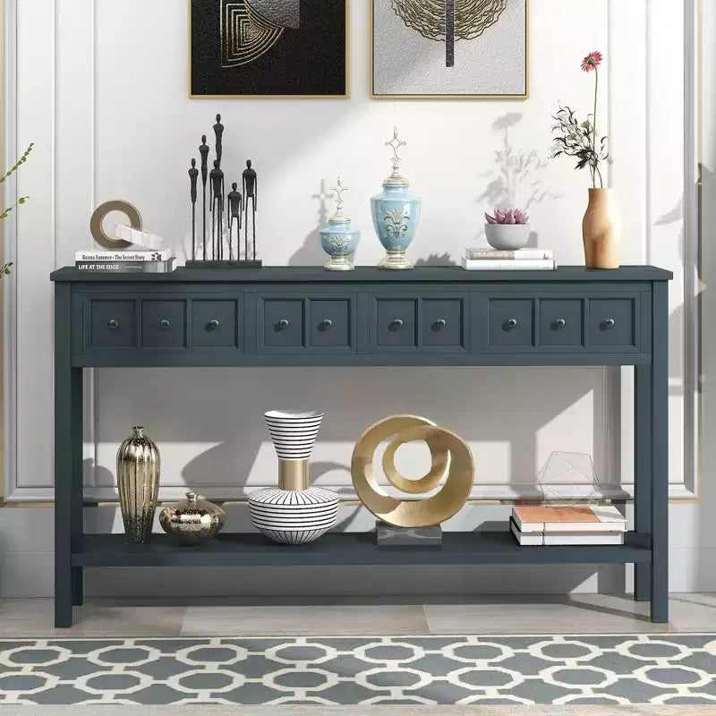 Rustic Entryway Console Table with 4 Drawers and Bottom Shelf, 60"W, Pine & MDF