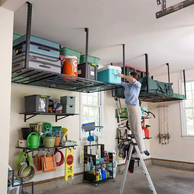 4' x 8' Overhead Garage Storage Rack with Hooks, Holds 700 lbs