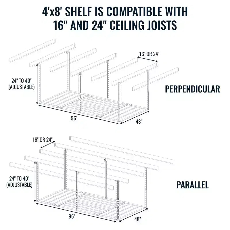 4' x 8' Overhead Garage Storage Rack with Hooks, Holds 700 lbs