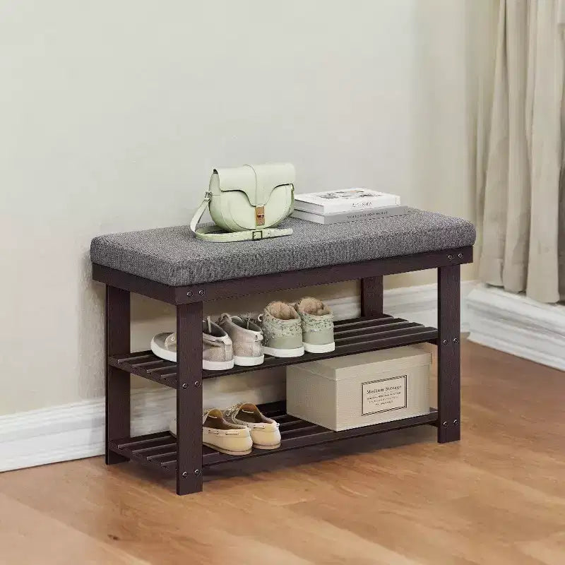 Bamboo Shoe Bench with 3-Tier Rack, Padded Seat Holds 330 lbs, Stores 6 Pairs, 28"W x 11.4"D x 19.3"H, Entryway & Living Room